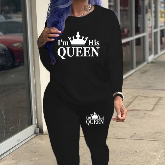 Two-piece Pants Set, Long Sleeve Crew Neck Pullover & Skinny Sports Pants Outfit - Picture 1 of 7